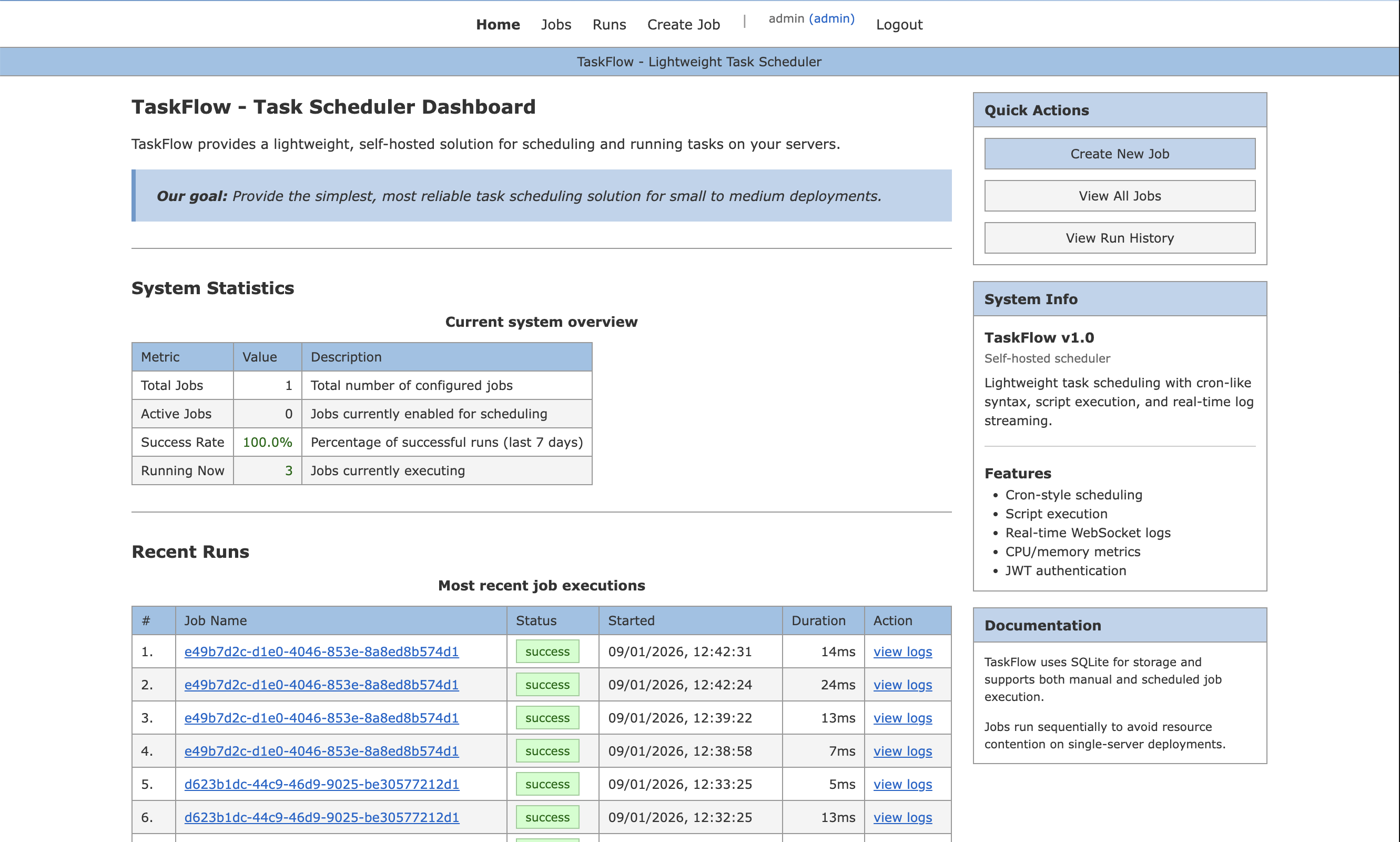 TaskFlow Dashboard showing job list and execution history